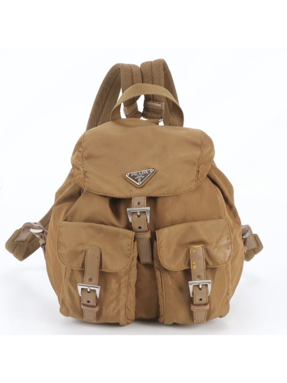 Prada Tessuto Nylon Triangle Logo Leather Backpack Brown